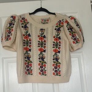 Alice + Olivia Cream Cropped Sweater with Colorful Floral Design